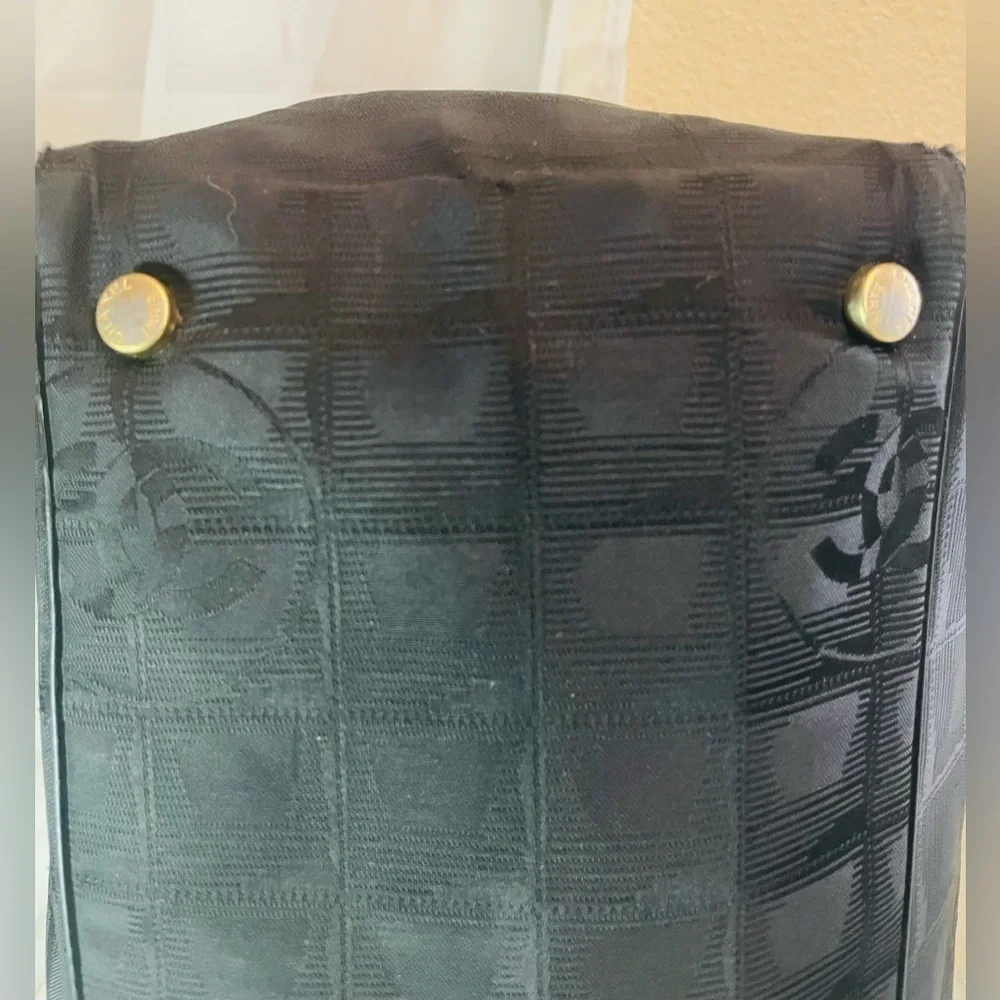 CHANEL Travel Line Tote MM Tote Bag Black Nylon JacquardLeather Women